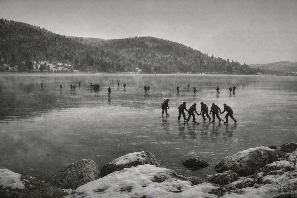 Vue hivernale du lac de Gérardmer, ambiance vintage, Vosges